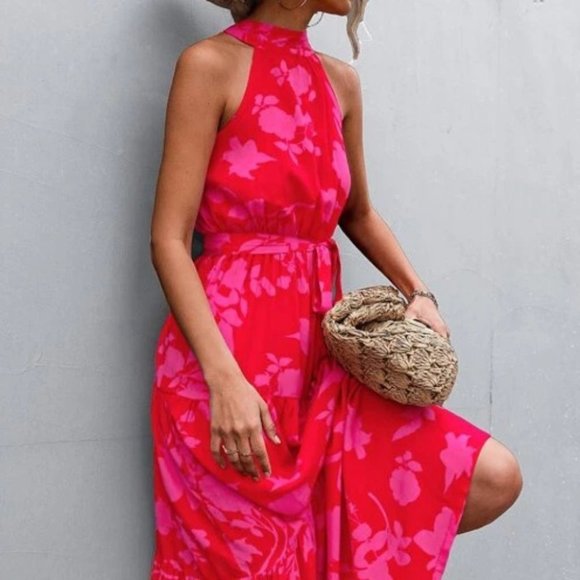 red pink floral print belted halter maxi dress -  Boho - Picture 6 of 11